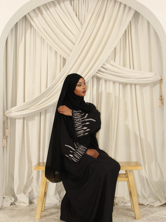 Embroidered Sleeve Closed Abaya - Black