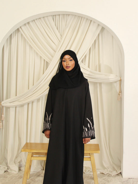 Embroidered Sleeve Closed Abaya - Black