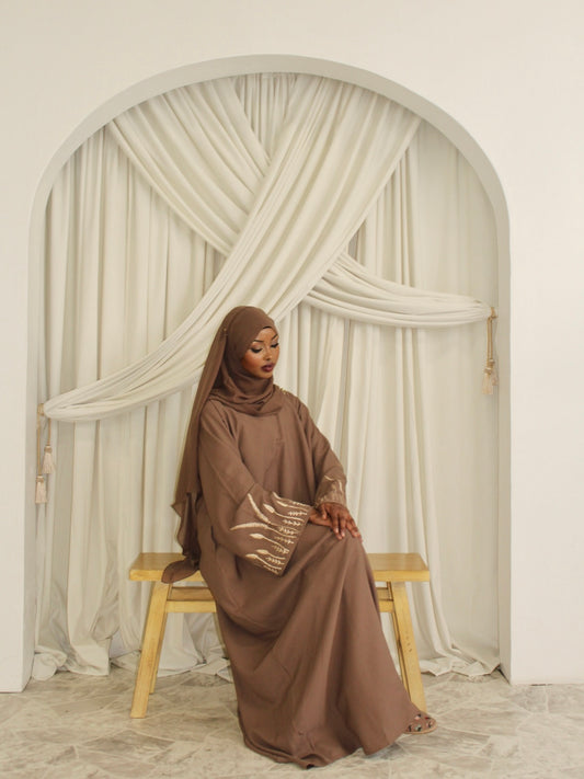 Embroidered Sleeve Closed Abaya - Taupe