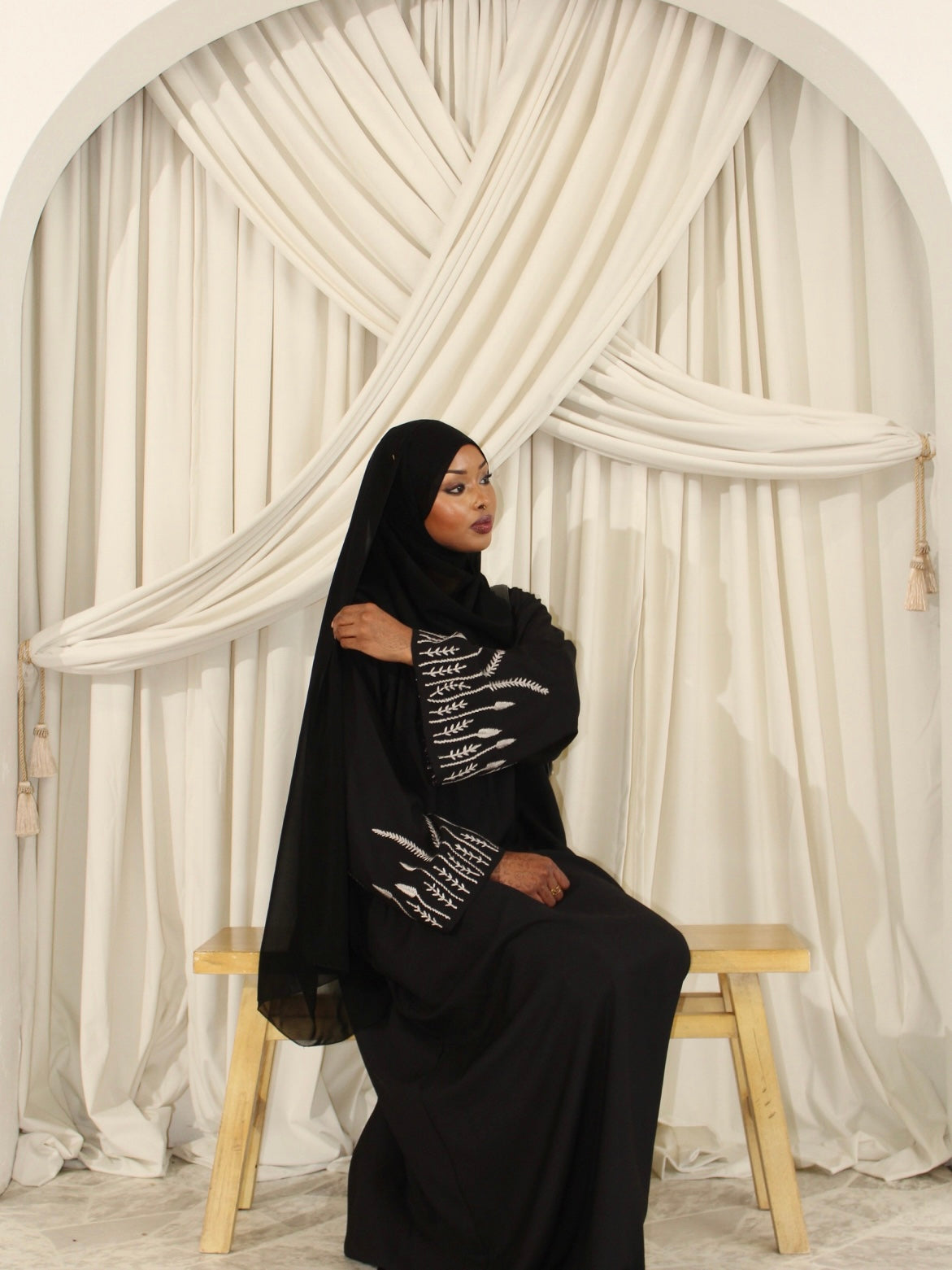 Embroidered Sleeve Closed Abaya - Black