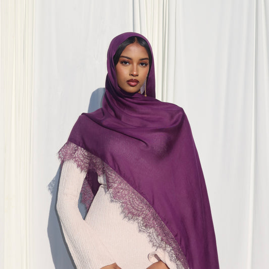 Lace Trim Modal Scarf - Plum