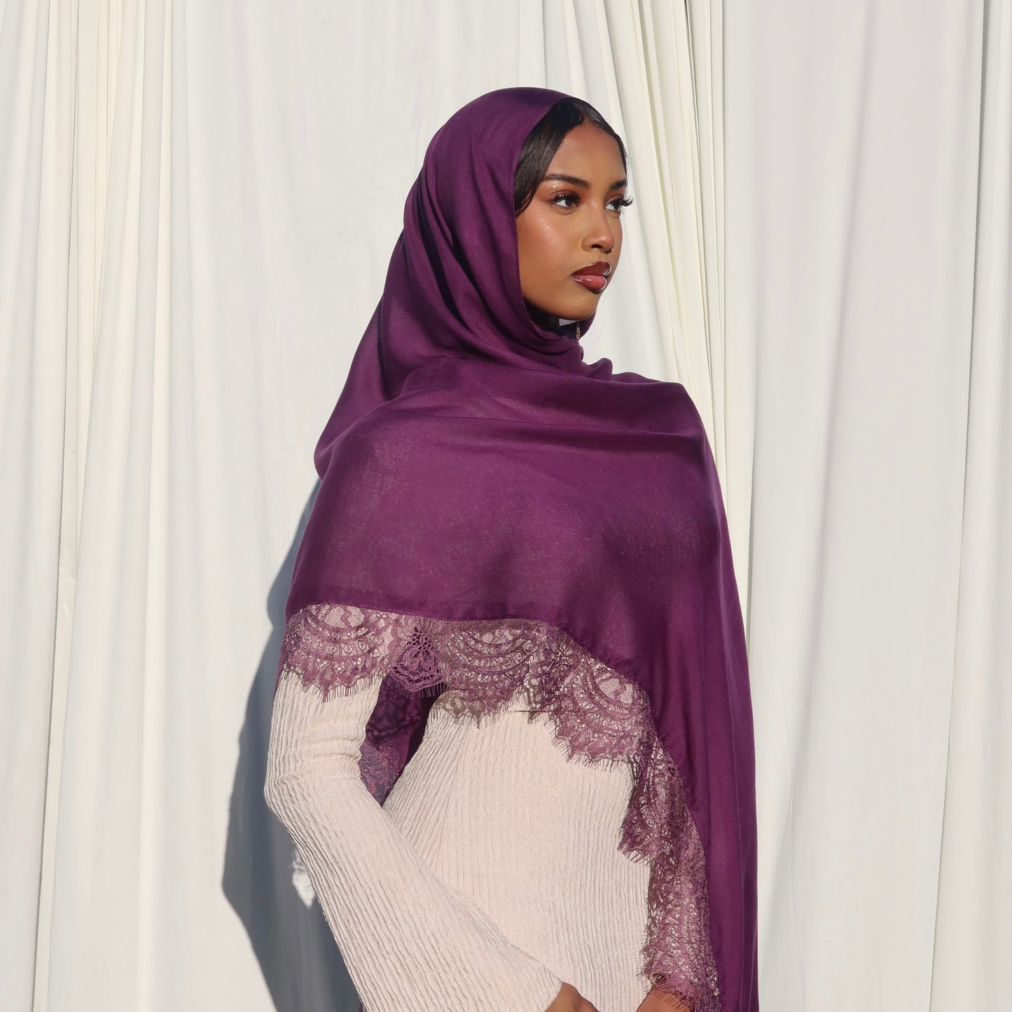 Lace Trim Modal Scarf - Plum