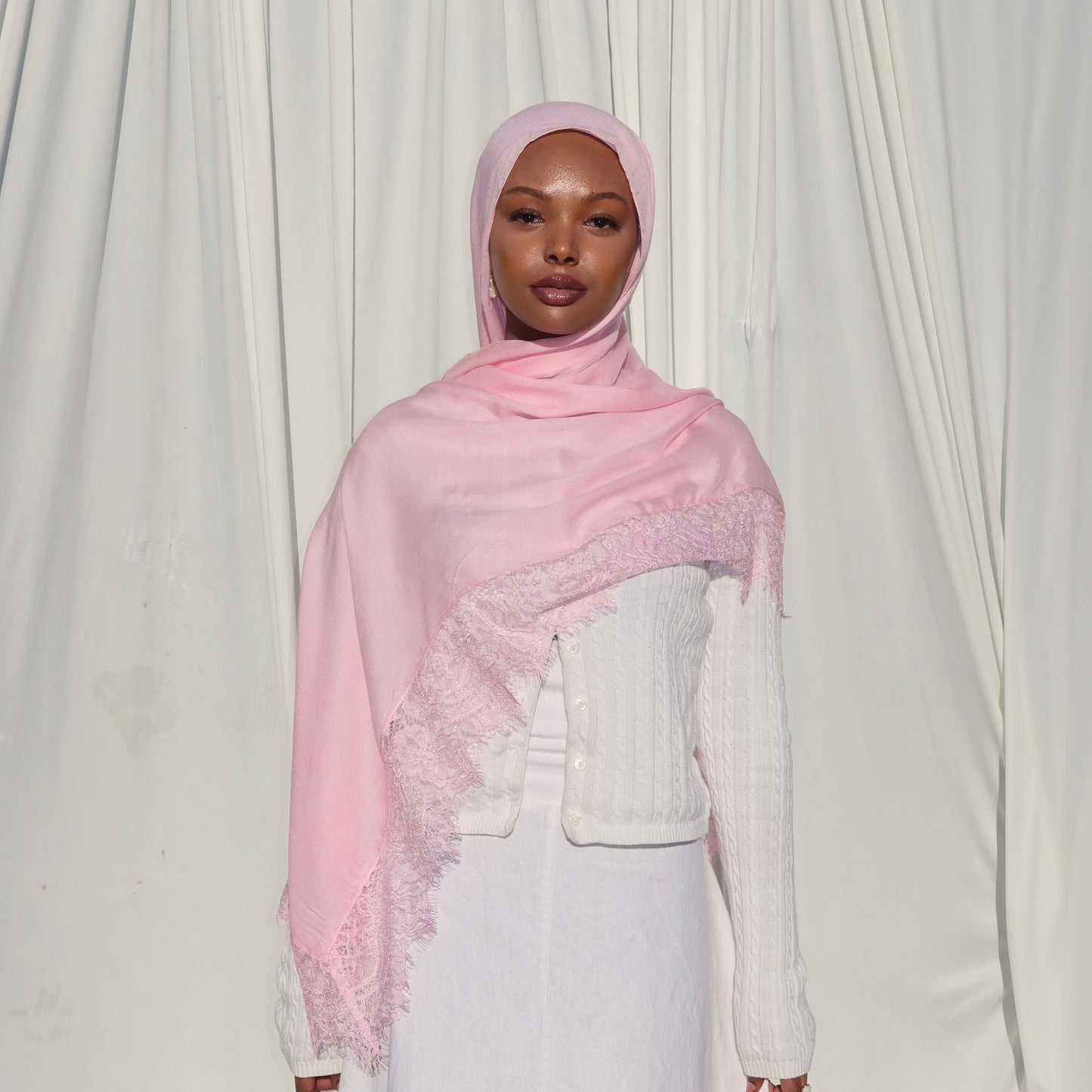 Lace Trim Modal Scarf - Pink