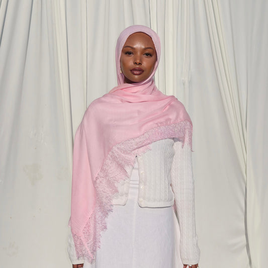 Lace Trim Modal Scarf - Pink